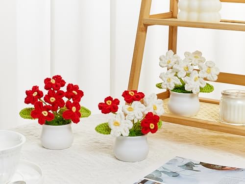 LAIDANLA Crochet Flowers Forget Me Not, Red Crochet Flower Potted Plant for Desk, Handmade Anniversary Graduation Birthday Small Gifts for Women Teacher Mom Coworker Friend - color: Red