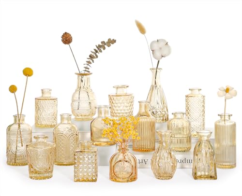 SUPMIND 16Pcs Glass Bud Vase Set, Small Flower Vases in Bulk for Centerpieces, Mini Vintage Amber Vase for Wedding, Home Decor, Table Decoration - Gold Amber - color: Goldamber