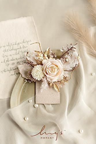 Ling's moment Pocket Boutonniere Single, Boutonniere for Men Groom for Wedding, Prom, Homecoming, Anniversary, Graduation, etc.White Beige, 6" W x 5" H - color: Wht-white & Beige, size: 6" W x 5" H
