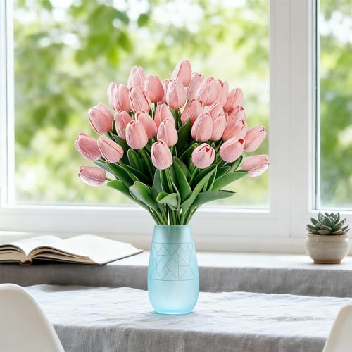 Pink Artificial Tulips Real Touch Fake Flowers, 20 Pcs PU Faux Tulips 13.5", Realistic Tulip Bouquet for Wedding Centerpiece Spring Home Kitchen Dining Table Vase Decoration Easter Floral - color: Light Pink