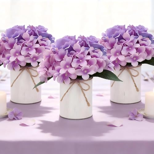 Flower Table Centerpieces - Set of 6 Floral Arrangement Artificial Wedding Hydrangeas Floral Arrangement with Rustic Metal Vase for Bridal Tea Party Event Decorations - Purple - color: Purple