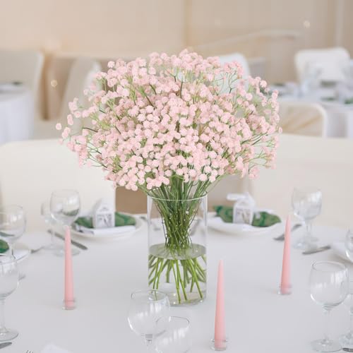12PCS Pink Babys Breath Artificial Flowers, 24inch Faux Gypsophila Bouquet Real Touch Fake Babys Breath Flowers for Floral Arrangements Wedding Centerpieces Tables Decorations (Pink) - color: Pink