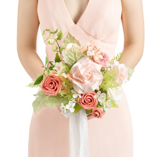 Ling's moment Pink Artificial Wedding Flower Bouquets for Bridesmaids Blush Floral Bouquet Bridesmaid Bouquets with Ribbon Ceremony Anniversary,7-inch Diameter - color: Pk-blush Garden