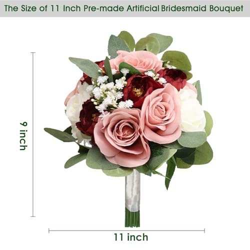 11 Inch Dusty Pink & Burgundy Silk Rose & Peony Bridesmaid Bouquets - Realistic & Easy to Arrange - Wedding Decorations - color: Dusty Pink & Burgundy