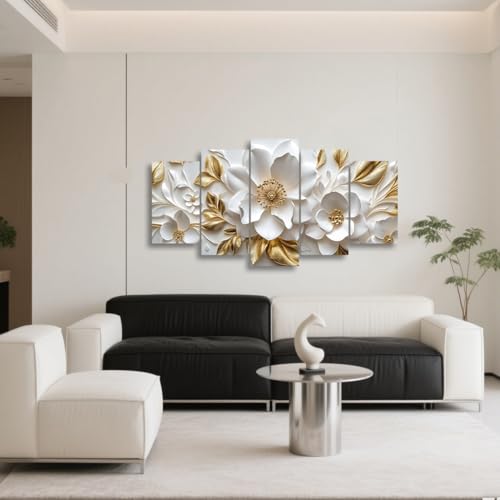 ZSHARTSWD 5 Panels White and Gold Flower Canvas Wall Art Abstract Floral Pictures Modern Blooming Flowers Prints Paintings for Living Room Hotel Decor Framed (10x16inx2 10x20inx2 10x24inx1) - size: 10x16inx2 10x20inx2 10x24inx1