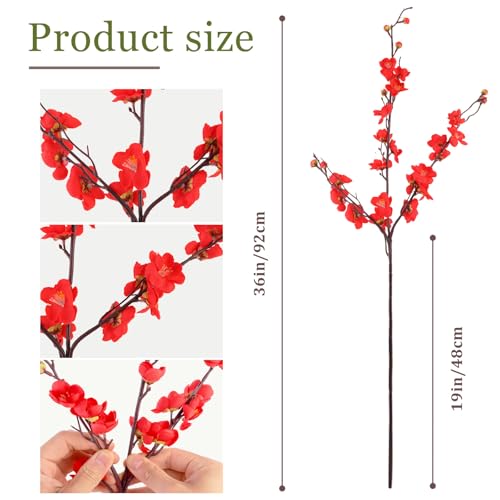 8pcs Red Cherry Blossom Branches Artificial Flowers for Winter Spring Indoor Decoration, 36" Plum Fake Peach Plants for Wedding Home Office Bedroom Party Decor (red, 36in) - color: Red, size: 36.6 inches