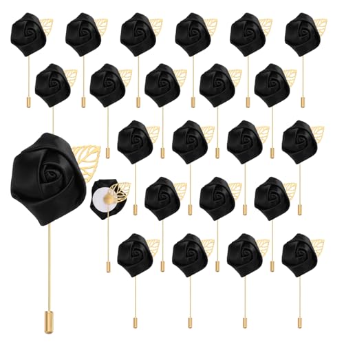 uxcell 24pcs Black Rose Boutonnieres Flower Buttonholes Pocket Boutonnieres Pins for Wedding Ceremony Anniversary Prom Formal Dinner Party - color: Black