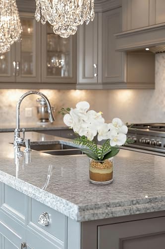 Oairse White Orchids Artificial Flowers with Vase Faux Orchids Plant in Pot | 13.7“ Phalaenopsis Orchid Flower Arrangements White Centerpiece for Kitchen Dining Room Table Bathroom Shelf Desk Decor - color: White Orchid & Brown Sand