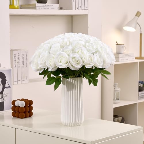 60 Pcs Ivory Fake Roses Artificial Flowers Bulk Realistic Silk Faux Rose with Stems for Wedding Decoration Anniversary Bridal Bouquet DIY Floral Arrangement Romantic Home Decor Gifts - color: Ivory