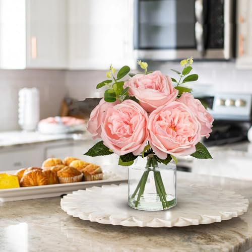 Hollyone Real Touch Peonies Artificial Flowers Arrangements in Vase Pink Fake Peonies with Glass Vase Silk David Austin Roses Faux Flowers with Faux Water Bouquet Table Floral Centerpiece Home Decor - color: Pink