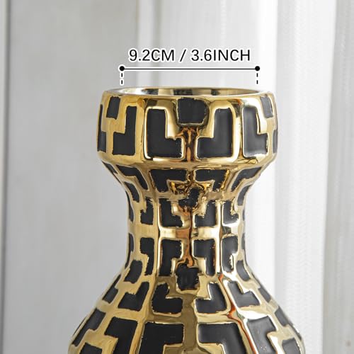 Pair of 24.4" Tall Ceramic Cylinder Vases with Geometric Gold Accents, Large Flower Vase, Decorative Vase - Modern Black & Gold Floor Vases for Living Room, Entryway Decor (Set of 2) - color: Black With Gold Set of 2