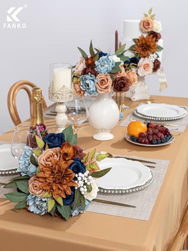 FANKO Artificial Flowers for DIY, Navy Blue Brown Peach Faux Flowers Bouquet, Colorful Fake Rose Peony Poppy Silk Flowers for Vase, Home Decor, Garland, Summer Wedding, Birthday, Party - color: Retro Blue Brown