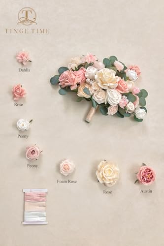 TINGE TIME 11 Inch Wedding Bouquets for Bride，Champange&Pink Artificial Flowers Bouquet， Brides & Bridesmaids Bouquet Tossing Bouquet for Wedding Anniversary Ceremony Bridal Shower Decorations - color: Dusty Rose & Champagne
