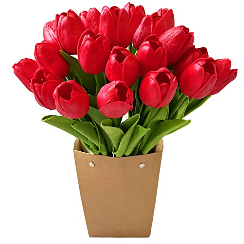 UKELER 24 Pcs Artificial Tulip Flowers Red Real Touch PU Tulips for Easter Spring Wreath Wedding Bouquets Table Centerpiece Floral Arrangement Memorial Day Cemetery Décor 13.5" - color: Red