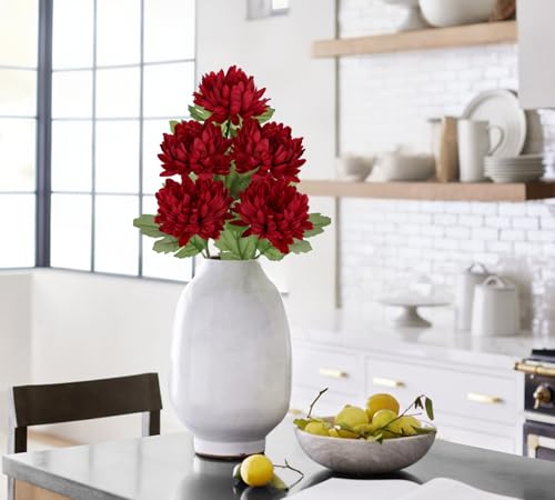 Hollyone 5Pcs Fake Mums Flowers Red Artificial Chrysanthemum Flowers Silk Long Stem Floral Arrangements Bouquets Faux Spider Mum Flower Pincushion Flower Bush Home Decor - color: Red