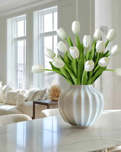 12pcs White Artificial Tulips Silk Faux Flowers Real Touch for Wedding Bouquet, Home Decor, Party Centerpiece, Table Decor, Mother's Day Easter Spring Gifts - color: White