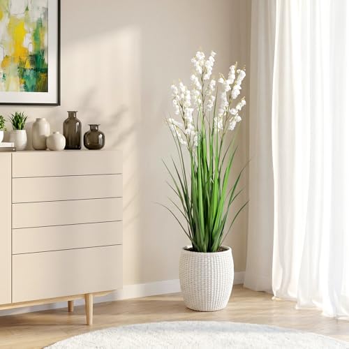 Ttranewsoo Artificial Tall Grass Plants with Pots 36" 1 Pack Lily of The Valley Artificial Grass Home Interior Decorating and Outdoor Garden Decorations(White) - color: Cream