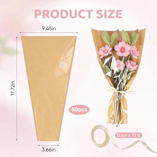 Wzifyf 50 PACK Flower Bags for Bouquets Flower Bouquet Holders Kraft Floral Wrapping Paper flower Sleeves Build Your Own Bouquet Bar with 72 Ft Ribbons for Valentine's Day Packaging Supplies - color: 50pcs Kraft, size: bouquet wrap
