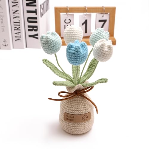 Crocheted Tulips, Hand-Woven Potted Plants, Permanent Tulips, Used for Creative DIY Table Decoration, Birthday Gift ，Graduation Ceremony, Christmas and Thanksgiving (5 Flowers-Blue) - color: Blue B, size: B