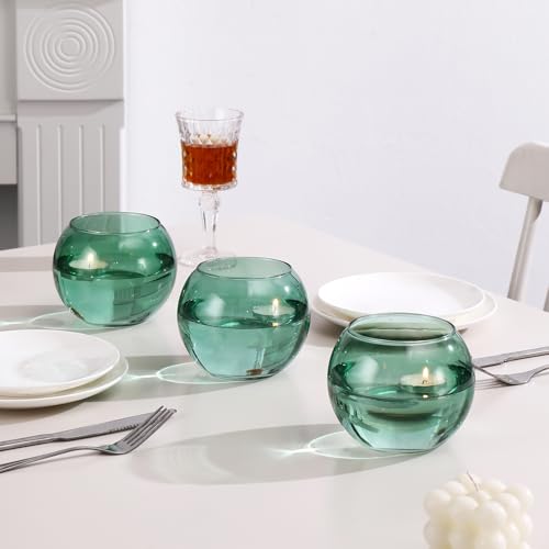 Green Round Vases Set of 6, Flower Vases for Centerpieces, Glass Vase for Flowers, Glass Bowl Vase for Living Room, Bedroom, Kitchen, Office, Wedding, 5'' W x 4'' H - color: Green, size: 5”