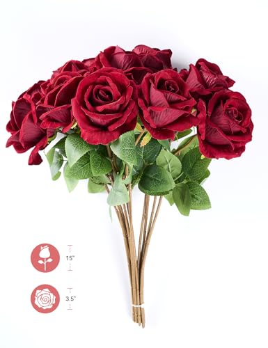 PONKING 3.5"(9cm) Rose Artificial Flower 12pcs Realistic Faux Silk Roses Fake Flowers Bouquets Arrangements Decor for Wedding Mother's Day, Home Table Christmas Valentine Decorations, Burgundy Flower - color: D 12pcs Burgundy Rose