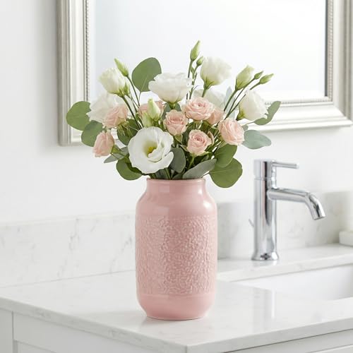 Pink Ceramic Vase, 9 Inch Cute Flower Vase for Pampas Grass, Modern Decorative Vases for Living Room, Minimalist Decor, Kitchen, Bedroom, Office, Bathroom, Wedding Decor - color: Pink