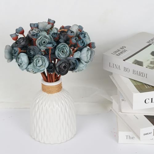IPOPU Dusty Blue Ranunculus Artificial Flowers 2Bouquets Realistic Silk Flowers 12PCS Mini Fake Flowers for DIY Wedding Bouquet Bridal Shower Decorations Blue Flowers Centerpieces (Dusty Blue) - color: Dusty Blue
