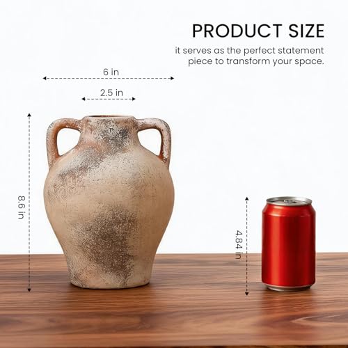 Ceramic Flower Vase, 8.7" Rustic Farmhouse Table Vase, Decorative Pottery Vase with Glazed Interior for Fresh Flowers, Eucalyptus, Entryway, Kitchen, Shelf and Bedroom Decor - color: Rustic-5.9"l X 5.9"w X 8.7"h