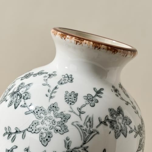 Gray Vintage Chinoiserie Floral Vase, 7.95" Decorative Flower Vase, Modern Farmhouse Ceramic Vase for Home Decor, Living Room, Bookshelf, Office, Entryway, Garden, Chinoiserie Decor, Tuscan Decor - color: Gray- 7.95"