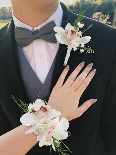 Rinlong 2Pcs White Orchid Wrist Corsage for Wedding, Prom, Homecoming | Bridesmaid Wristlet, Mother of the Bride Flower Corsage - color: 07-boat Orchid