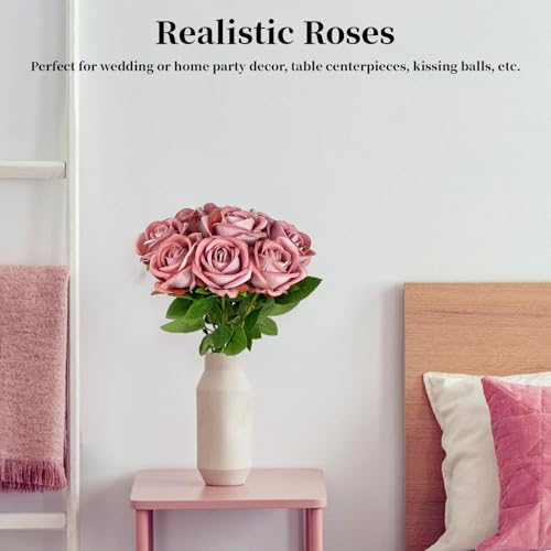 10 PCS Artificial Roses with Long Stems Silk Flowers Realistic Foam Flowers Fake Roses for Valentine's Day Home Wedding Halloween Decor(Dim Pink) - color: Dim Pink