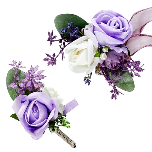 SITUMEIZI 2Pcs Purple Corsage and Boutonniere Set Wrist Corsage Bracelets and Boutonniere for Men Wedding Prom Party Suit Decor - color: Purple