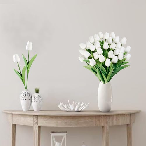Sggvecsy 15 Pcs Fake Tulips Artificial Flowers Real Touch PU Faux Flowers Tulip Stems for Wedding Spring Bouquet Floral Arrangement Home Party Office Decorations for Mother's Day (White) - color: White, size: 15 Pcs