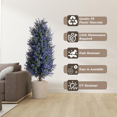 Christmas Artificial Lavender Cone Topiary Trees with Spike, 2 Pack UV Resistant & Anti Lodging Artificial Shrubs, 3FT Fake Evergreen Artificial Plant Brush for Indoor Outdoor Front Porch Garde - size: Lavender Cone Topiary Trees