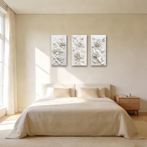 SWQYLB 3 Panel Flower Wall Art 3D Relief Floral Canvas Painting Abstract Butterfly & Rose Pictures Prints White Textured Wall Decor for Home Framed (Gray, 16x8inchx3 Pieces) - color: Gray, size: 16x8inchx3 Pieces