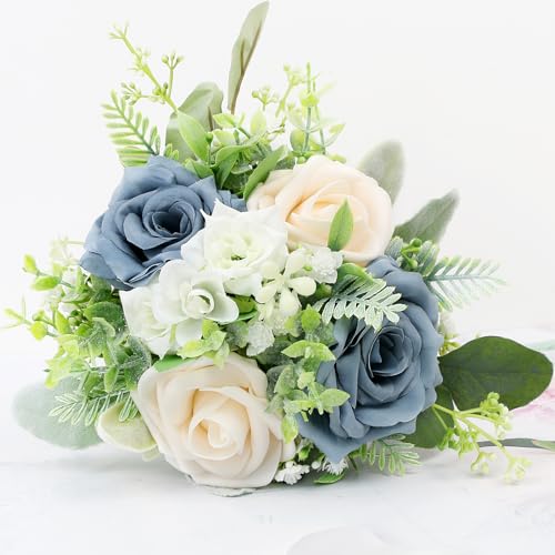 Bridesmaids Bouquets Flowers Set of 4 -Artificial Bridesmaid Bouquet Wedding 7 Inch Rustic Small Floral Centerpiece for Marriage Proposal Party Anniversary Dining Table Decor - Green & Dusty Blue - color: Green & Dusty Blue, size: 4pcs