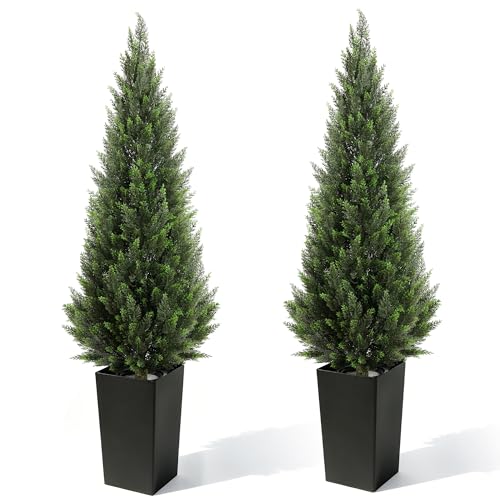 6FT Tall 2 Pack Artificial Cedar Topiary Trees with Compact Pyramidal Shape, Realistic Faux Cypress in Square Black Pot with Fillable Water Bag, Outdoor Evergreen for Front Porch Garden Home Decor - color: Black-pyramid Topiary, size: 6ft-2pack