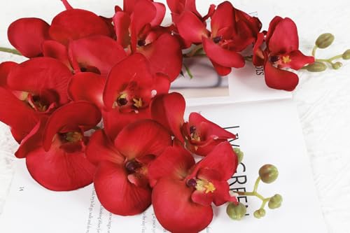 38 Inch 6 PCS Red Orchids Artificial Flowers Fake Orchids Velvet Silk Orchids Faux Orchid Flowers Long Stem Artificial Flowers for Tall Vase for Home Wedding Decoration(Red) - color: Red