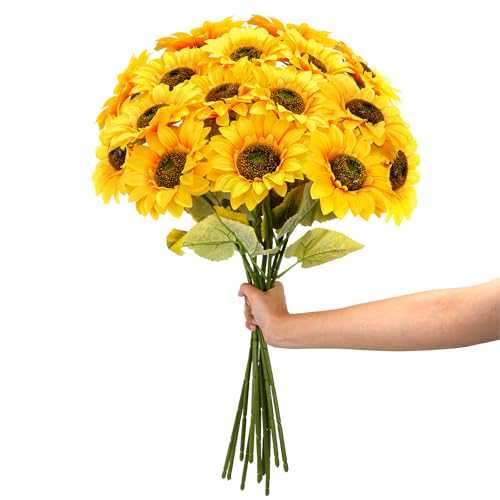 24.4" Sunflowers Artificial Flowers 12Pcs Fake Sunflowers Bulk Realistic Silk Sunflower Bouquet with Long Stems for Wedding Arrangement Table Centerpieces Outdoor Indoor Grave Fall Decor - color: Yellow-12pcs