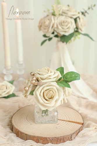 Floroom Artificial Flowers 25pcs Real Looking Beige Foam Fake Roses with Stems for DIY Wedding Bouquets Bridal Shower Centerpieces Floral Arrangements Party Tables Home Decorations - color: Beige, size: 25Pcs