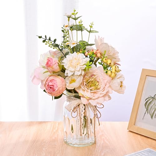 LUEUR Artificial Hydrangea in Vase for Mothers Gifts, Fake Silk Pink Flower Bouquet Artificial Flowers with Pot, Faux Dahlia Arrangement for Spring Living Room, Centerpiece Table Decorations - color: Pink