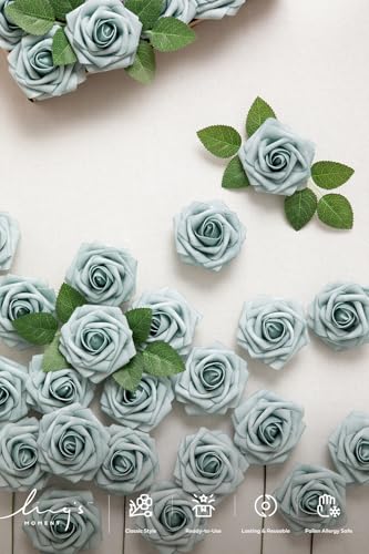 Ling's moment Artificial Roses, Dusty Blue, 3 Inch 25 Pcs | Foam Material, With Stems, DIY Floral, Wedding Bouquet/Centerpieces, Party/Room/Garden Decor - color: Blu- Dusty Blue, size: 25Pcs