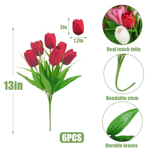 obbsie 6 pcs Tulips Artificial Flowers, Artificial Red White Pink Tulips Flowers Real Touch Silk Flower for Wedding Party Home Table Decor