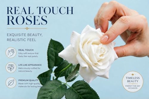 10 Pcs Real Touch Artificial Roses Fake Rose Long Stem Silk Faux Flowers Bridal Bouquet for Wedding Home Decor Romantic Valentine Gifts (White) - color: White