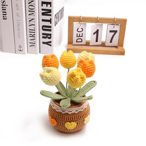Handmade Tulips, Hand-Woven Flowers, Crocheted Tulips, Artificial FlowersTulipsBirthday Gifts for Family and Girlfriends, Home Office Decoration, Graduation Anniversary (6 Flowers-Yellow) - color: Yellow a, size: A