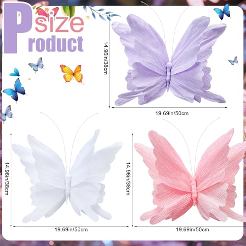3 Pcs 3D Large Hanging Butterfly Decorations Large Butterfly Birthday Party Decorations 3D Crepe Paper Decoration for Wedding Party Birthday Baby Shower Garden(Purple, Pink, White,20 Inch) - color: Purple, Pink, White, size: 20 inch
