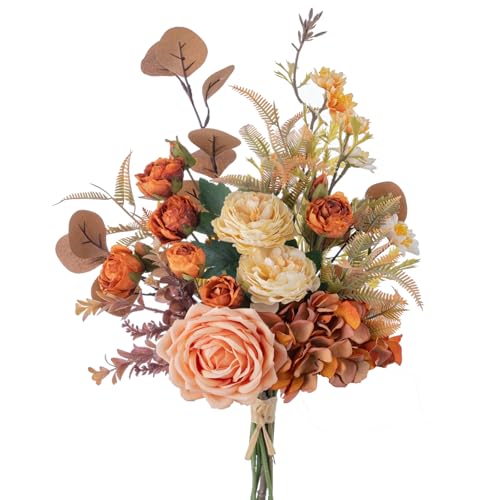 17-inch Artificial Fake Flowers Silk Flower Arrangements Faux Bouquets Consists of Ranunculus, Wild Chrysanthemums, Roses, Hydrangeas and Some Filler Greens - color: Sunset Blush