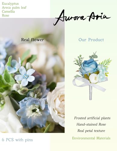 AuroraAria Dusty Blue Boutonniere for Men,Set of 6,Groom Boutonniere for Wedding,Anniversary,Homecoming,Formal Dinner Party,Wedding Decor,Artificial Dusty Blue Rose - color: Dusty Blue