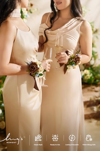 Ling's moment 2pcs Prom Wrist/Shoulder Corsage Artificial Flower, Girl/Mother Homecoming/Wedding Corsage Wristlet Décor, etc. Tawny Beige Berry Pink - color: Brn-tawny Beige & Berry Pink