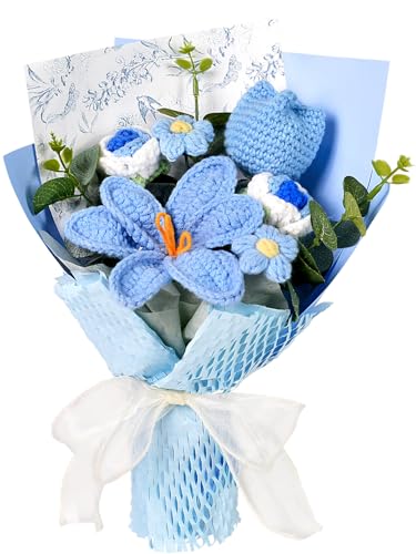 Knitted Flower Bouquet - Handmade Tulip Rose Daisy Crochet Flowers Bouquet for Mother's Day Father's Day Graduation Birthday Teacher Appreciation Gifts Home Decor Blue - color: Blue